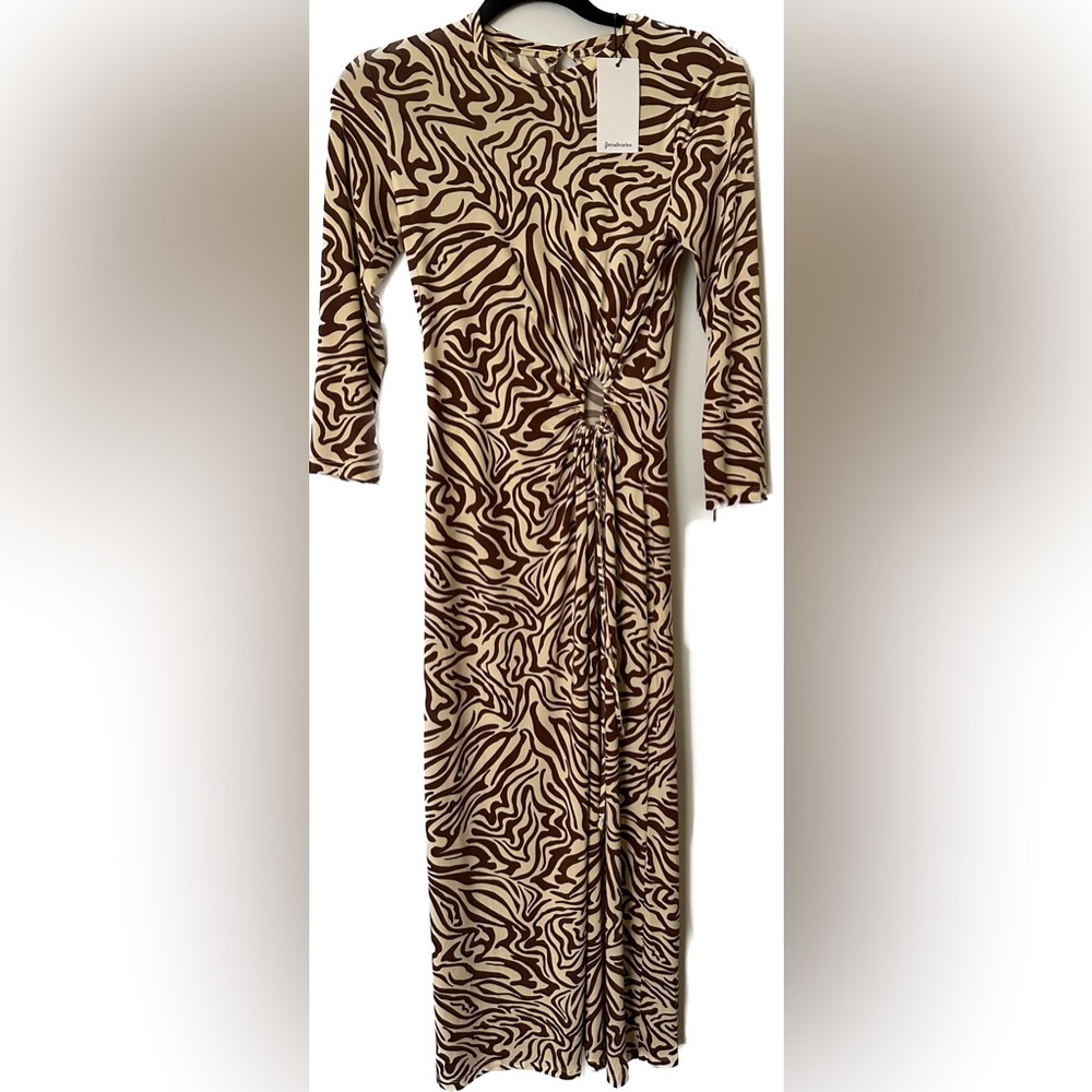 Stradivarius long sleeve midi dress with cut out detail in abstract animal